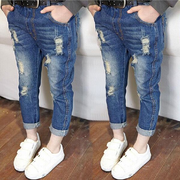 

jeans 2021 spring and autumn children clothing fashion all-match solid color girl ripped korean boys trousers straight retro, Blue
