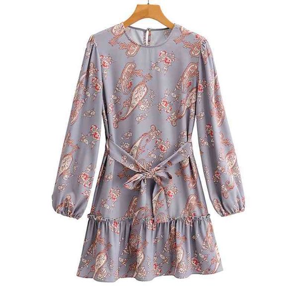 

summer women dress o-neck printed female long sleeve bow dresses a-line size l 210524, Black;gray