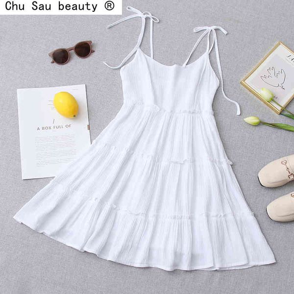 

loose lace-up solid color a-line dress summer vacation style white beach high waist female short vestidos zipper 210508, Black;gray