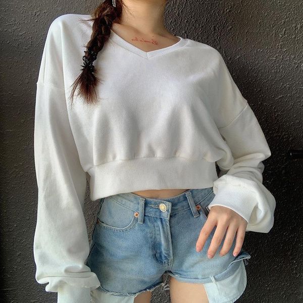 

women's hoodies & sweatshirts lucyever v-neck sweatshirt women 2021 autumn winter vintage casual long sleeve crop woman korean basic g, Black