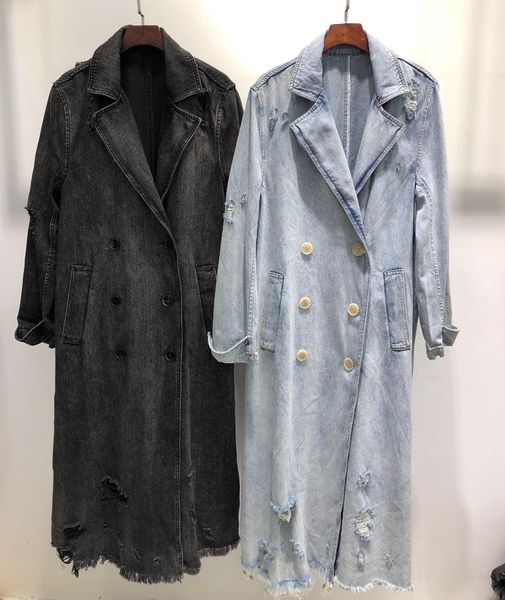 

women's trench coats [elfstyle] - washed light blue denim coat double breasted ripped detail frayed hem long sleeves woman, Tan;black