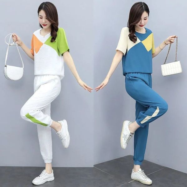 

fashion two-piece suit women's summer 2021 new sports two piece set short sleeve t-shirt + long pants, Gray