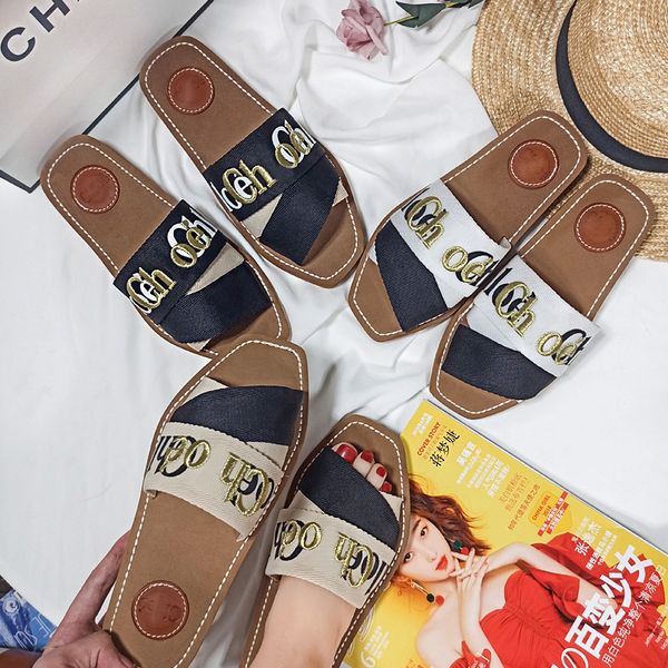 

2021 summer new embroidered letter flat slippers for women zlh, Black