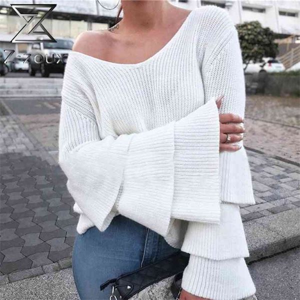 

women sweater flare sleeve v neck knitted fashioin casual bottoming pullovers loose autumn winter 210513, White;black