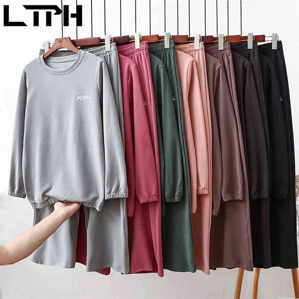 

ltph embroidery 2 pieces set women plus size clothes stayhome style loose sweatshirts all-match pants outfits spring 210423, Black;gray