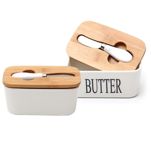 

nordic porcelain butter dish plate sealing box with wooden lid knife cheese storage tray container gift set bottles & jars