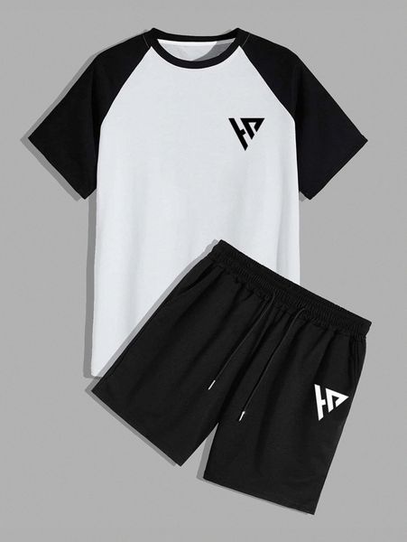 

men geo print contrast raglan sleeve tee & drawstring waist shorts 21if#, Gray
