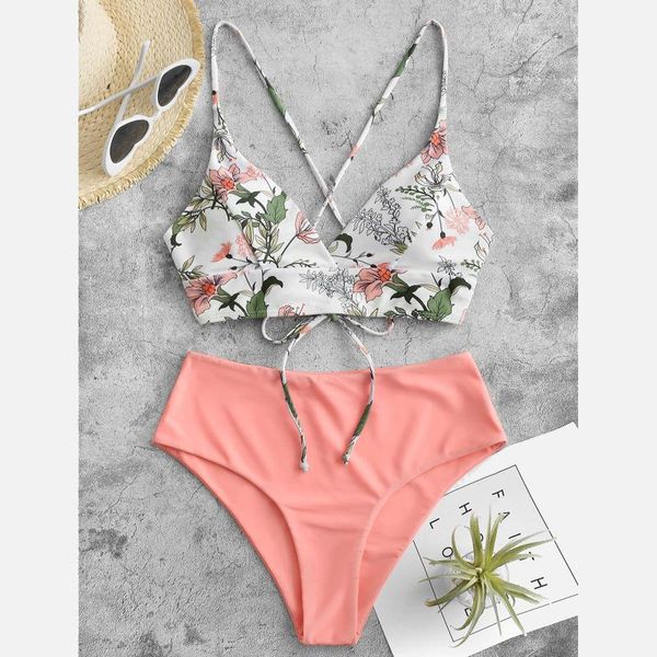 

women two piece flower print split sets plus size beachwear swimsuit bikini bathing suit summer brazilian 2021 women's swimwear, White;black