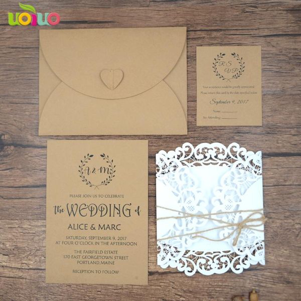 

greeting cards 50pc laser vintage white wedding invitation with kraft envelopes rsvp rope for decoration festive supplies