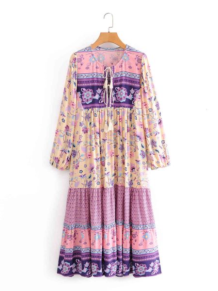 

casual dresses women floral print bohemian beach new chic cotton tassel long sleeve spring summer boho holiday maxi ba1c, Black;gray