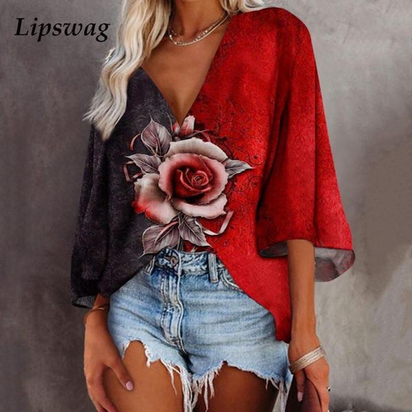 

women's blouses & shirts 2021 autumn vintage flare long sleeve loose spring deep v neck blusas pullover women rose flower printed, White