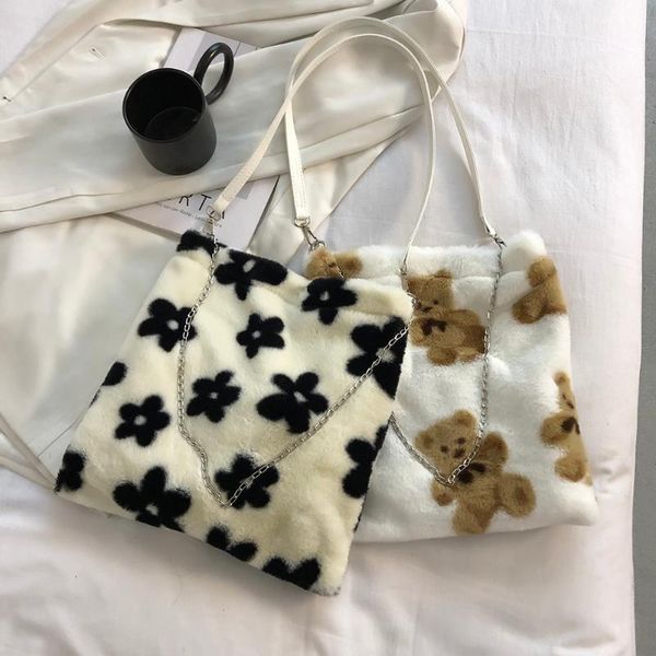 

evening bags fashion flower bear print crossbody autumn winter plush shoulder bag women casual chain large capacity square handbags