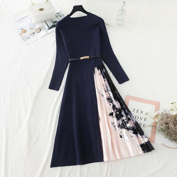

dresses autumn winter knitted women o-neck pleated long sleeve sweater elegant knit patchwork midi with belt, Black;gray