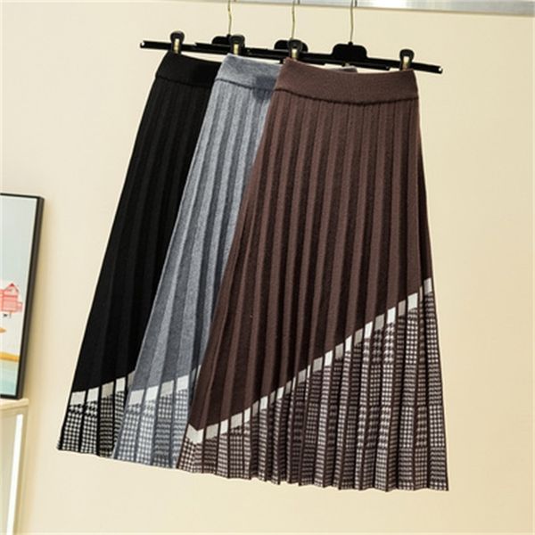 

banulin autumn winter thick warm knit pleated skirt women geometric print a line long elgant knitted sweater femme 210603, Black