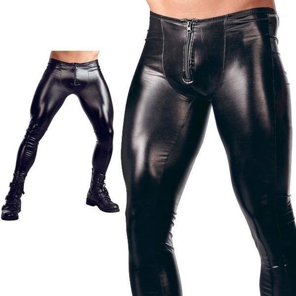 

men's pants zogaa men males fornt zipper patent leather tights nightclub bar performance stage erotic trousers streetwear men1, Black