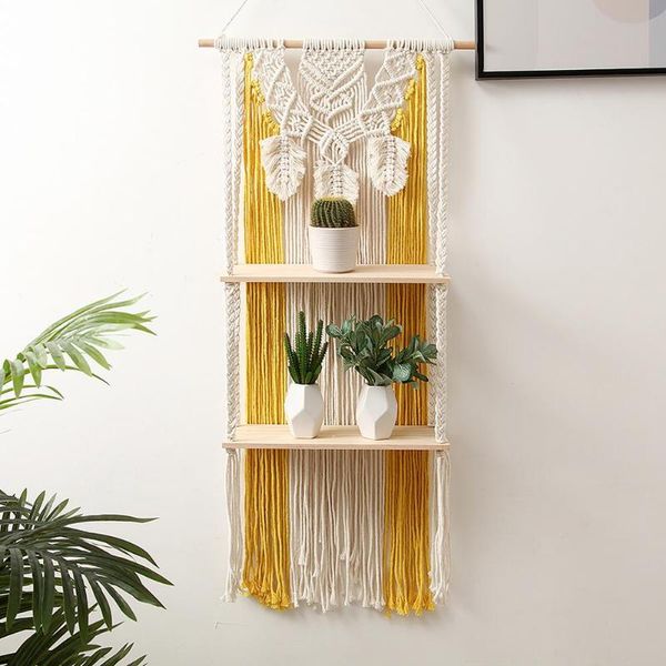 

tapestries diy handmade tassel macrame tapestry wall hanging shelf two-layer bohemian plant hanger wood floating decor