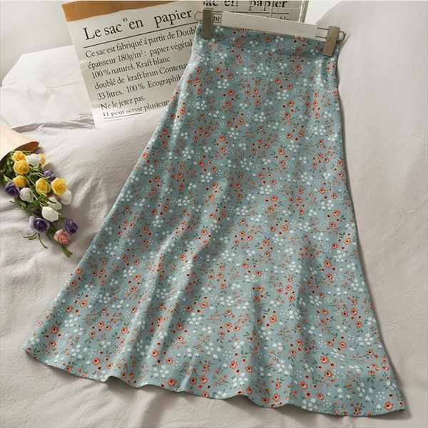 

chic floral print korean elastic womens skirts high waist long streetwear elegant ladies a line, Black