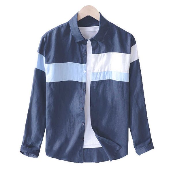 

100% pure linen long sleeve shirts for men japanese fashion stitching casual male turn-down collar retro clothes 210601, White;black