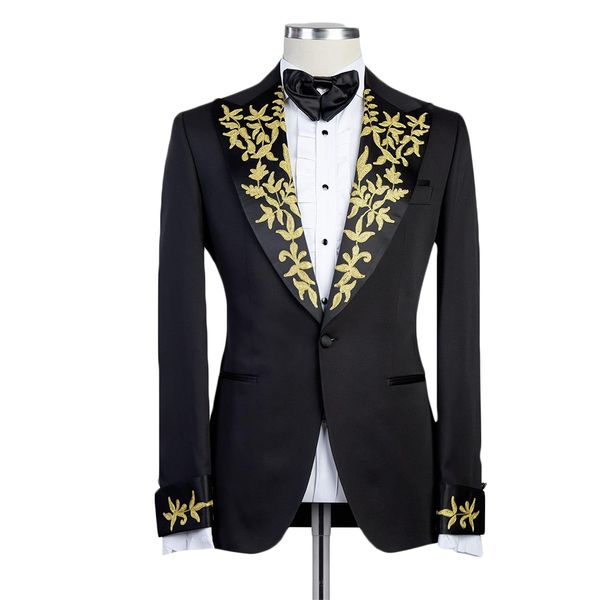 Smoking da uomo nero con applicazioni dorate sposo slim fit blazer da sposa adatto a pantaloni da ballo formale giacca cappotto 2 pezzi200d