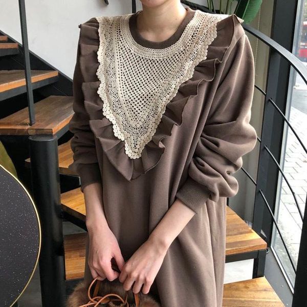

casual dresses [ewq] spring female loose round neck patchwork lace ruffles long sleeve trumpet apricot sweatshirt dress 8q391 nj7h, Black;gray