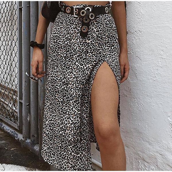

leopard print split summer a line womens skirt elastic high waist fashion skirts girls streetwear lady clothes, Black