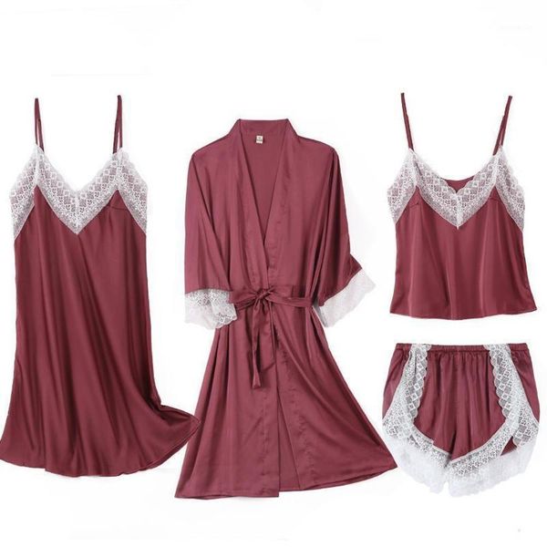 

women's summer satin robe women lace 4pcs sleepwear silky kimono bathrobe gown female sleep set casual home clothes1 rlch, Black;red