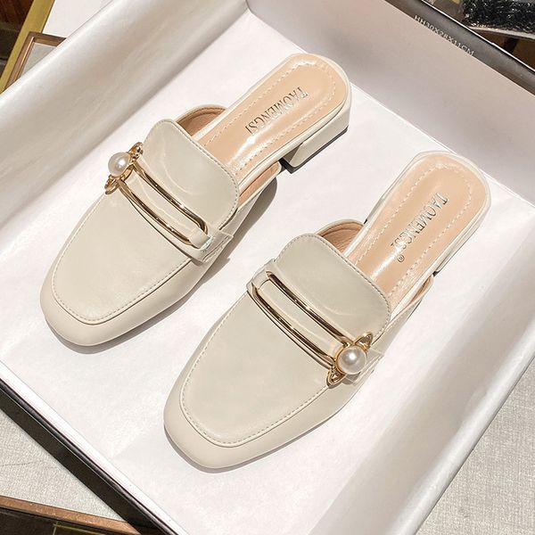 

luxury slippers slippers 2021 baotou cool women's pearl lazy flat sole single sho wear thick heel half slippers, Black