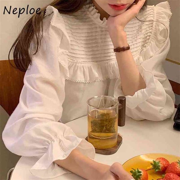 

sweet stand collar lace patchwork pleated design shirts autumn chic flare sleeve women blouse loose all-match blusas 210422, White