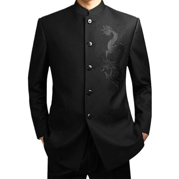 2020 Black Chinese Robe Vestito Mens Stand tradizionale Stand Collar APEC Leader Abbigliamento maschile Ricamo Dragon Totem Tang X0909