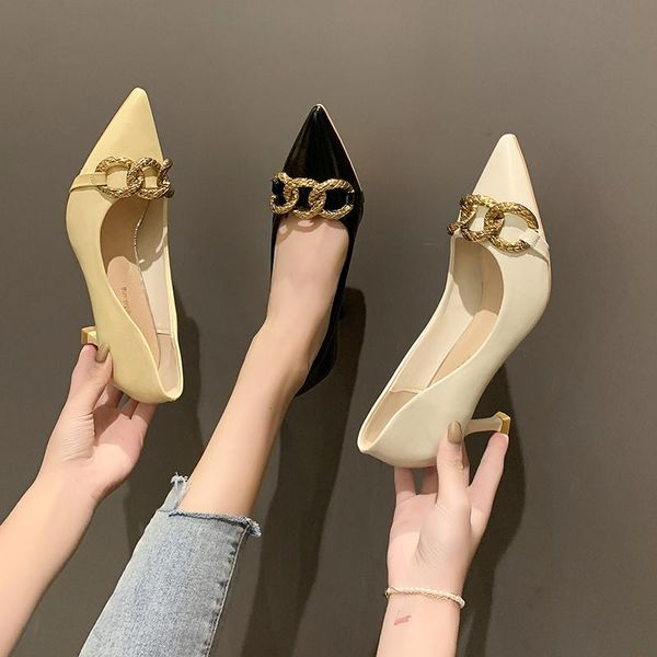 

dress shoes women metalic gold heels pointed pumps all-match 2021 slip on shallow mouth sandals ladies lace-up toe fine slimming casu, Black
