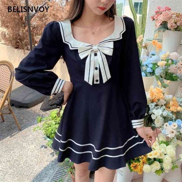 Mulheres Outono Primavera Colagem Japonesa Estilo Mini Vestido Marinho Azul Longa Manga Sweet Cabo Alta Cintura JK Sailor Collar Uniforme 210520