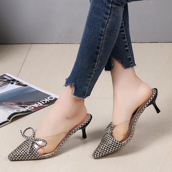 

slippers 2021 plaid high heels pointed toe stylish simple high-end quality classic women shoes ladies outside u30-49, Black