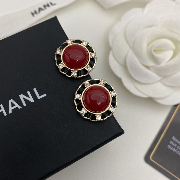 

fashion charm small fragrance classic light luxury handmade leather zircon red enamel process women's versatile brass earrings, Golden