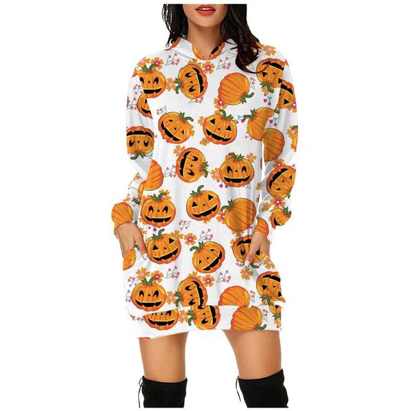 

casual dresses pumpkin print hooded dress long sleeve loose pocket women autumn halloween pullover sweatshirt vestidos 40#, Black;gray