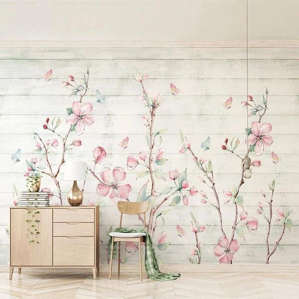 

custom 3d wallpaper abstract hand-painted watercolor cherry blossom wood grain butterfly flowers mural living room waterproof wallpapers