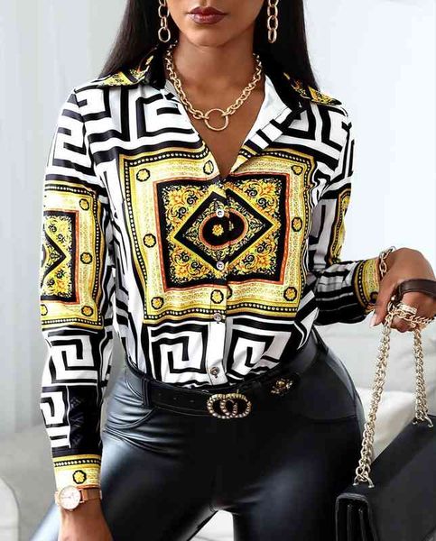 

casual autumn long sleeve scarf women shirts print colorblock buttoned turn-down collar baroque fancy blouse, White