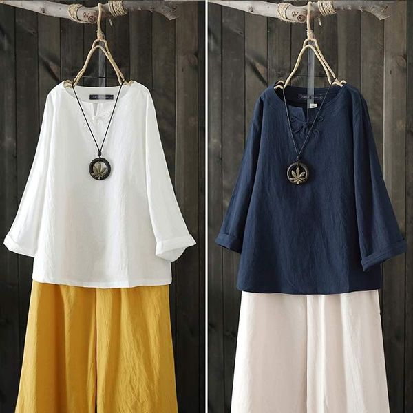 

women's blouses & shirts blouse 2022 spring vintage chinese button solid shirt ladies casual cotton tunic long sleeve blusas ove, White