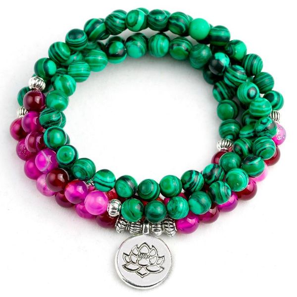 

beaded, strands women bracelet 6mm malachite stone beads with rose onyx strand charm yoga lotus ohm buddha 108 mala, Black