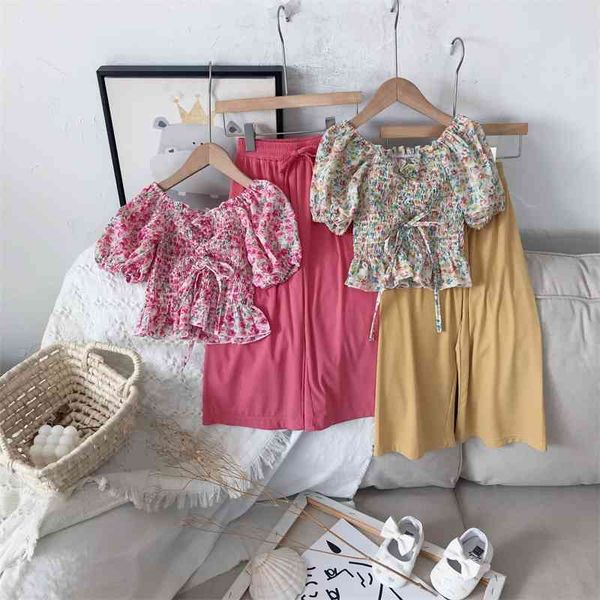 

spring summer arrival girls fashion floral 2 pieces suit pants kids clothing 210528, White