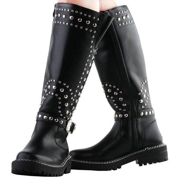 

dress shoes show story retro black studs buckle strap knee high combat boots