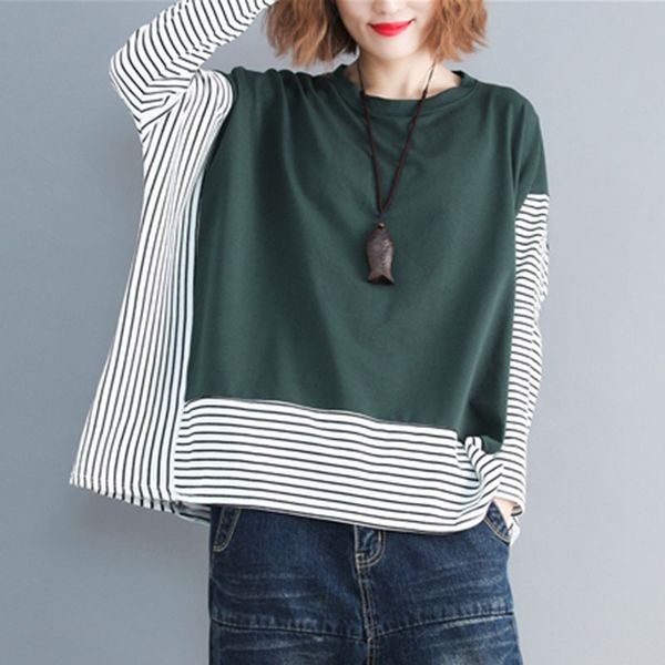 

oversized women cotton casual t-shirts new autumn simple style patchwork striped loose female long sleeve tees s2709 210412, White