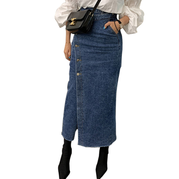

skirts 2021 summer fashion package hip denim skirt women single breasted high waist split step long, Black