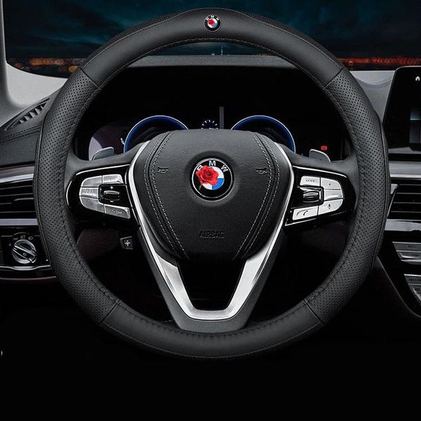

steering wheel covers for f01 f06 f30 f10 f15 f16 f20 f21 f25 f82 f11 g01 logo car styling genuine leather accessories 38cm