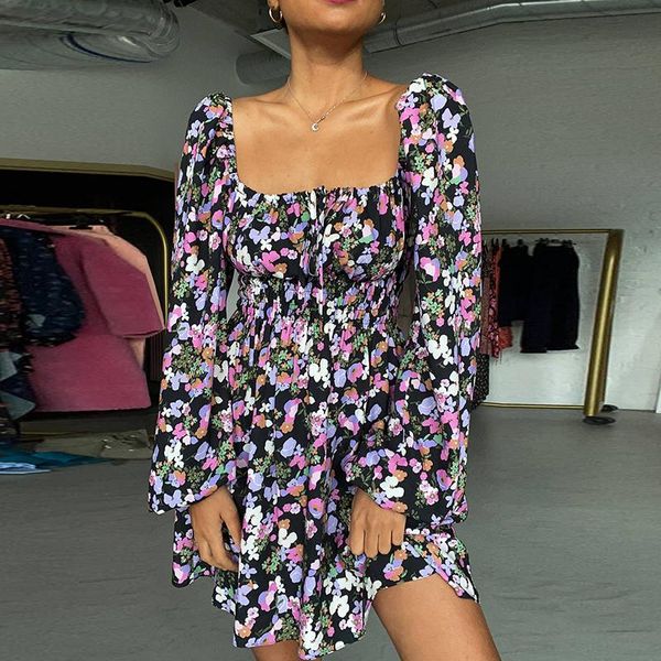 

casual dresses floral print square collar a line dress women autumn 2021 lace-up slim long sleeve ladies office flowers vestidos, Black;gray