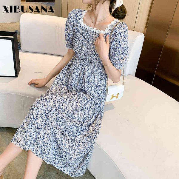 

summer french style floral chiffon dress women square collar short sleeve pleated elastic waist midi female vestidos 210423, Black;gray