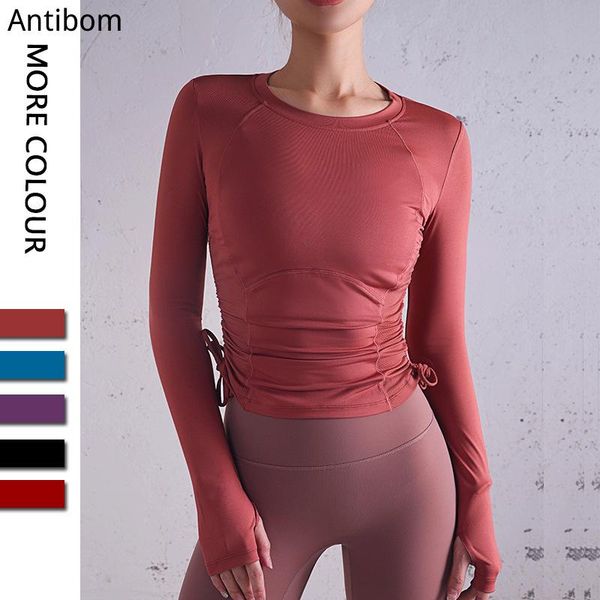 

yoga outfits antibom shirt women fitness tie waist design sport long sleeve with thumb hole solid color sportswear workout gym, White;red