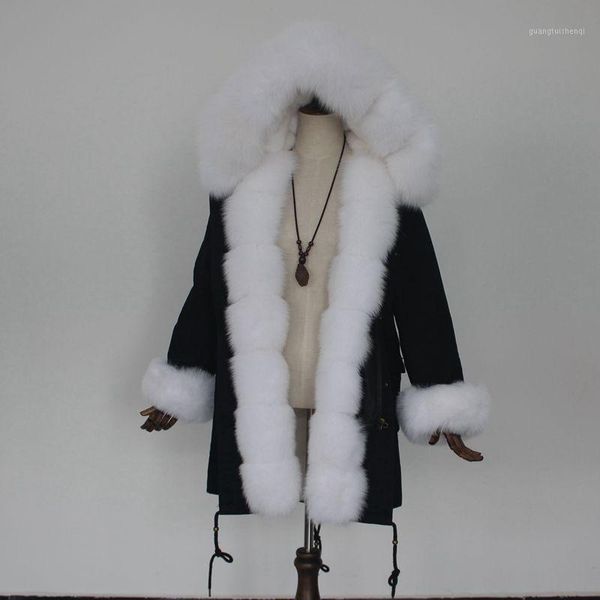 

maomaokong women real saga fur parka faux liner winter garment, Black