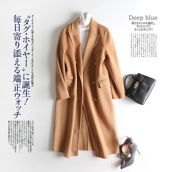 

women's wool & blends double sided tweed coat high-end european and american black long breasted women 2021
