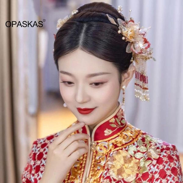 Brincos colar cocar de cocar na noiva chineses antigos acessórios para cabelos Dragões de fadas vermelhos e phoenix vestido feminino VL