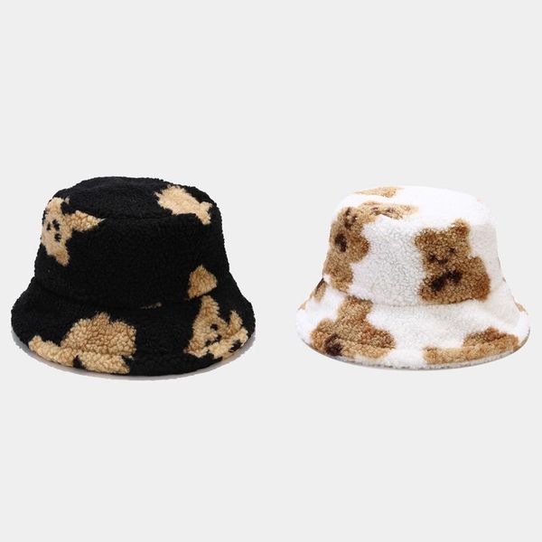 

wide brim hats fashion women cute bear pattern warm bucket lady autumn winter outdoor panama fisherman cap hat for, Blue;gray